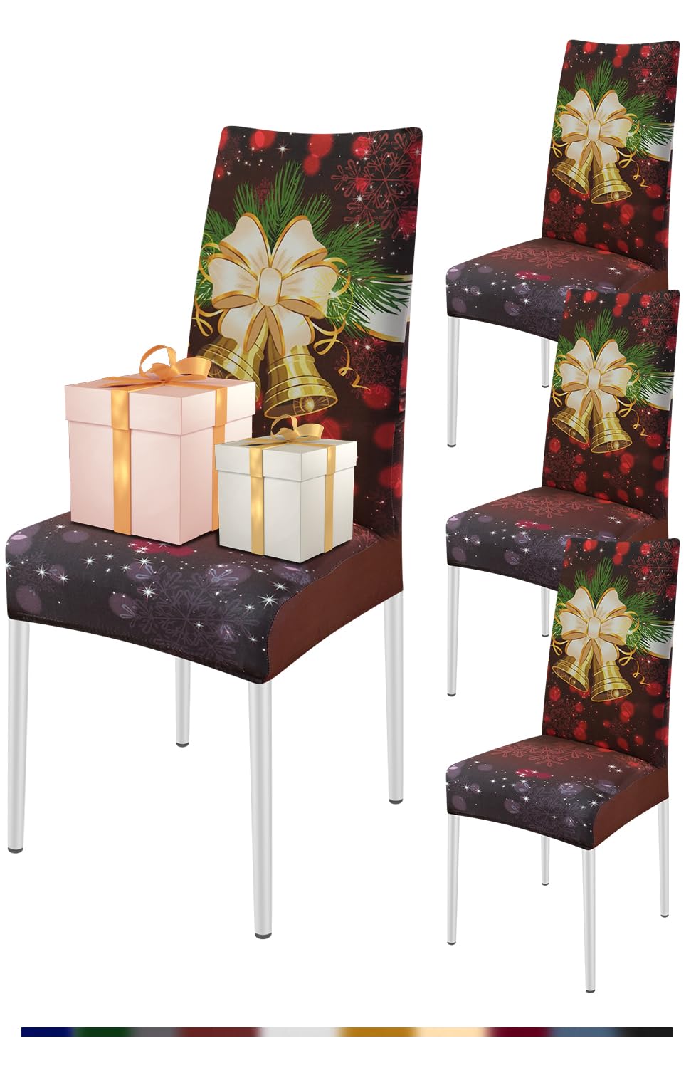 FIGOOO Coprisedie Natalizie con Schienale 4 Pezzi Xmas Coprisedia per Sala da Pranzo Spandex Fodera per Sedia da Cucina Coprisedia Decorativo Natalizio(Campanellino,4pcs)
