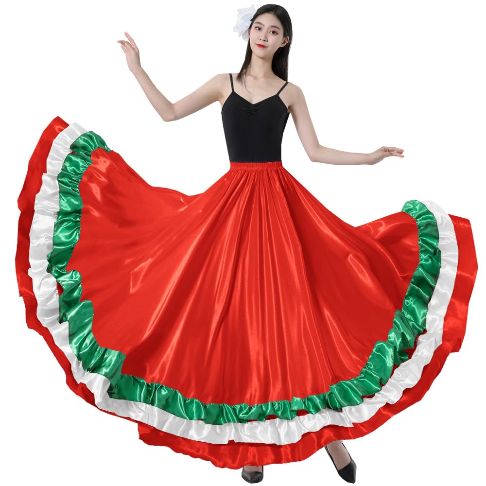 Adult Ruffles Black Red Green Maxi Long Dance Skirt Folklorico Skirt for Mexican Flamenco Halloween Costume