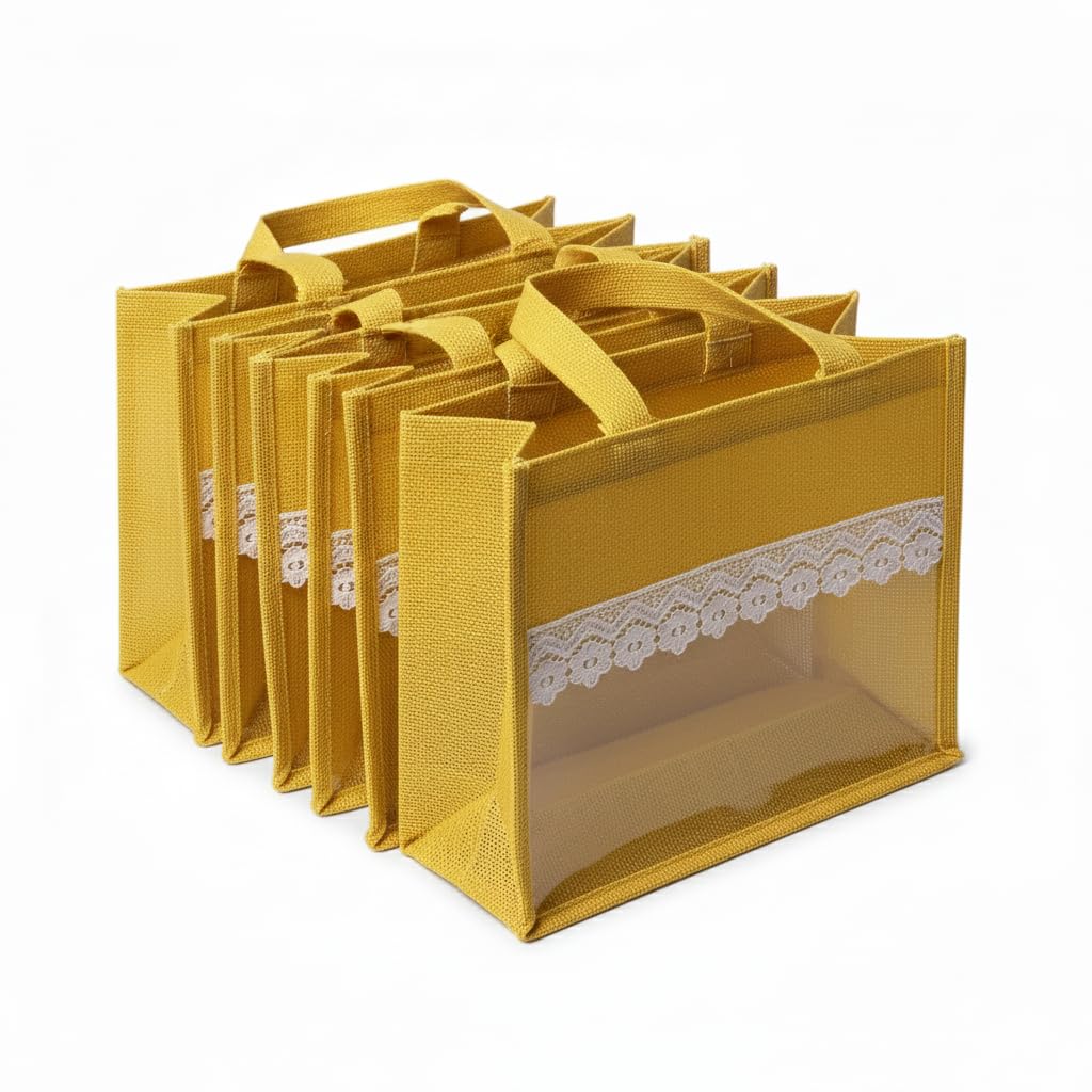 Handmakers Natural Transparent Yellow Jute Gift Bags for Return Gifts Pack of 10,12x10x5 inch-image-34