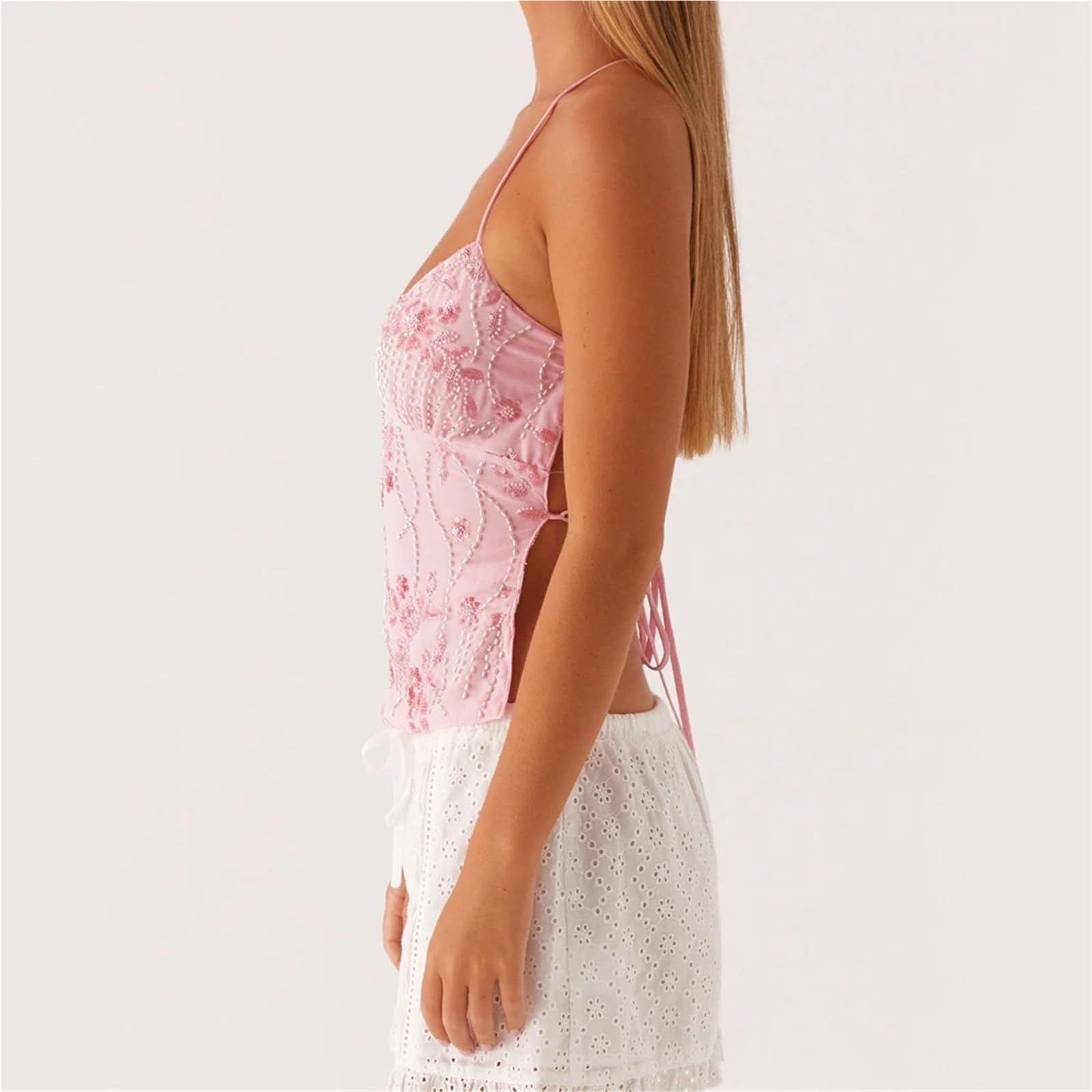 Top con Paillettes Canotta Estiva da Donna Senza Maniche con Perline, Scollo a V, Allacciatura Incrociata, Schiena Nuda, Perle Glitter Paillettes Fiori Ricamati