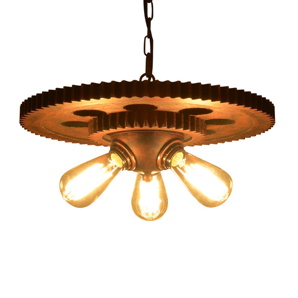 Lustre engrenage bois antique à 3 lampes pour suspension loft