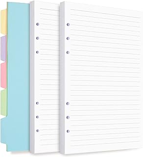 A5 Refill Paper, Planner Inserts for A5 Binder Budget Planner Journals Notebook, 6 Ring Loose Leaf Lined Paper with Binder Dividers (A5, White Paper)