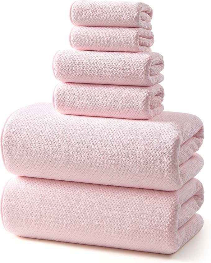 REDKISS 6 Piece Pink Towel Set - Extra Large Microfibre Bathroom Towels Set, 2 Bath Towels, 2 Hand Towels, 2 Flannels, Super Soft, Absorbent and Quick Dry Pink Towels for Bathroom, Gym, Spa & Hotel