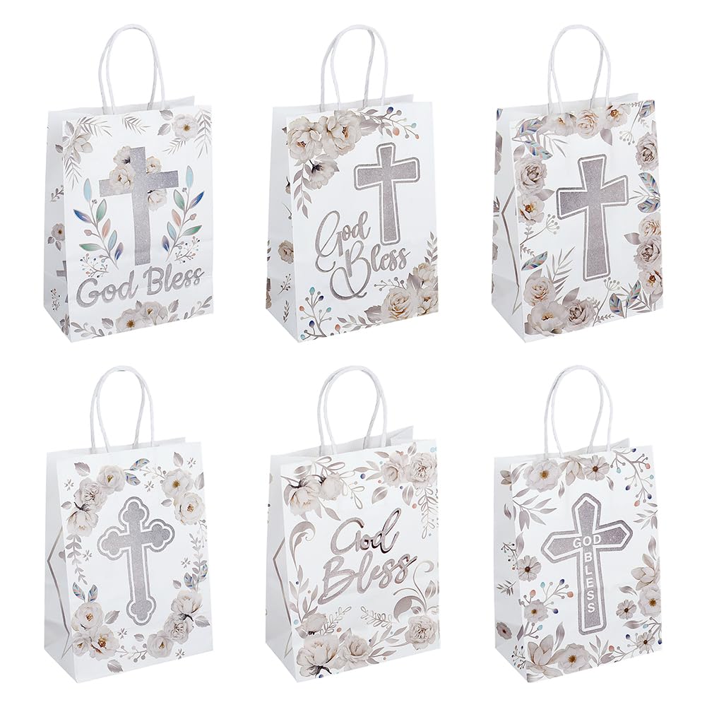 PH PandaHall 12pcs God Bless Paper Gift Bags 6 Style Easter Cross Party Favor Bags White Rectangle Flower Cross Bag with Handles for Baptism Celebrations Birthday Party Decoration, 15x8x21cm