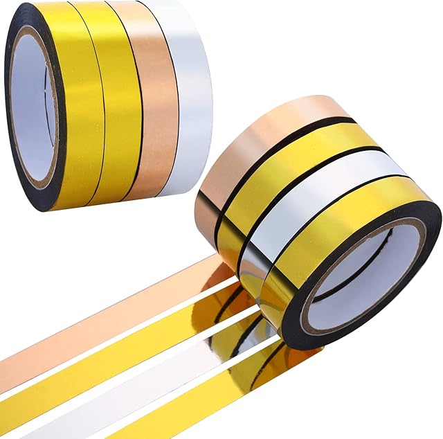 Grevosea 4 Rolls Metallic Mirror Tape, Decorative Art Graphic Tape Self Adhesive Metalized Polyester Film Tape for Detailing Accent Walls Gift Wrapping, 0.01x20M(Gold,Silver,Rose Gold)