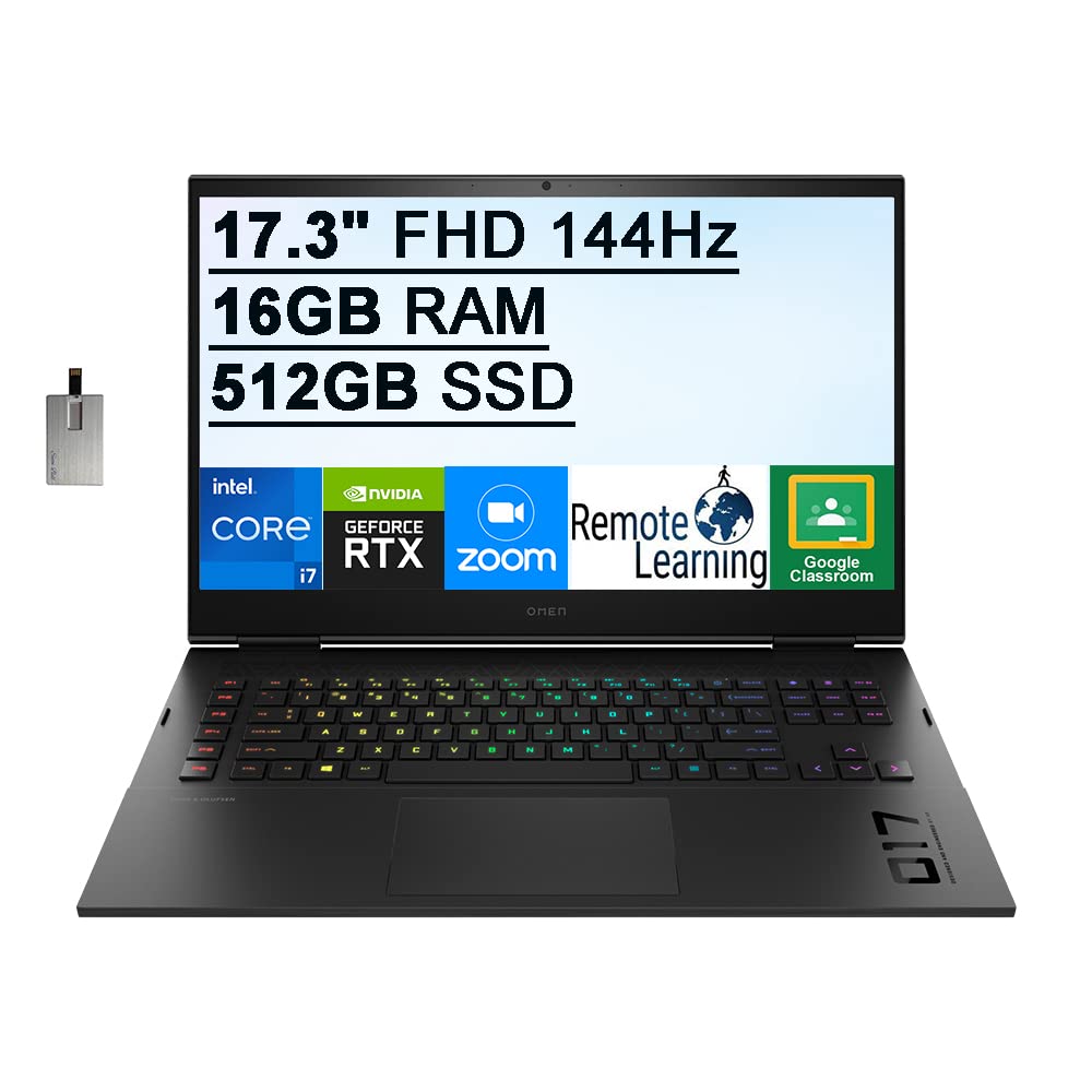 HP OMEN 17.3" FHD 144Hz Laptop Computer, Intel Core i7-11800H, 16GB RAM, 512GB PCIe SSD, Backlit Keyboard, NVIDIA RTX 3060 Graphics, HD Webcam, Windows 11, Black, 32GB USB Card (Renewed)