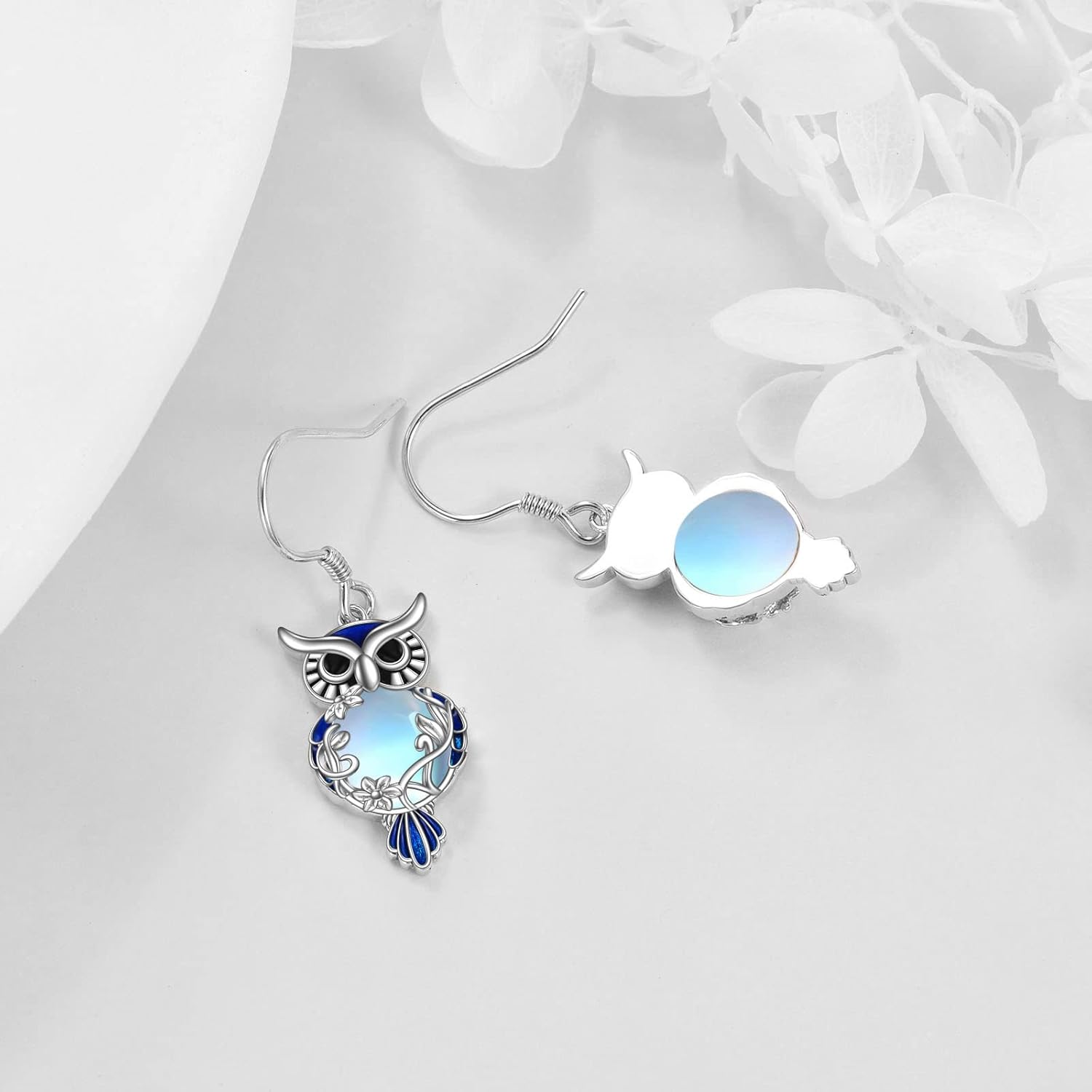 Owl Earrings for Women Sterling Silver Moonstone/Black Onyx/Lapis Lazuli/Jade/Turquoise Dangle Leverback Earrings Jewelry Gifts for Women - Image 4