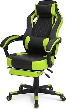 Magshion Gaming Chair with Retractable Footrest, Ergonomic Adjustable Recliner, Reclining & 360 Swivel Racing Style PU Leather Computer Gaming Chair for Teen Adult, Green