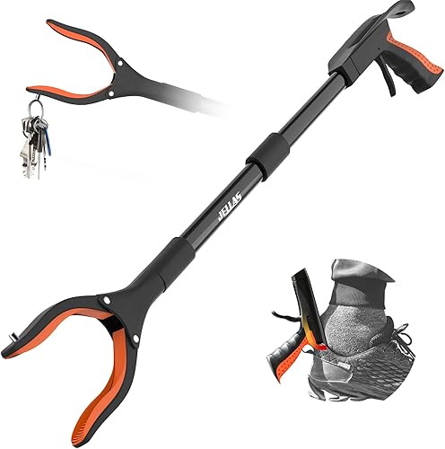 Jellas Reacher - Herramienta de agarre, cabezal giratorio de 360, pinza plegable de 32 pulgadas con punta magnética de agarre fuerte y bocina,