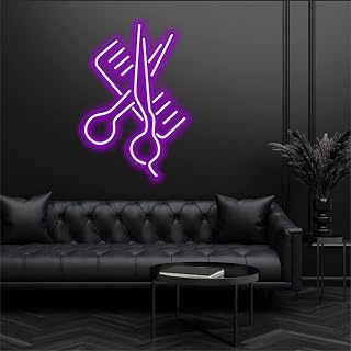 Luces de letrero de neón de barbería personalizadas, peines y luces de noche LED de tijera, letrero luminoso for colgar en la pared, 50X34 cm,Rosado,USB (Color : Purple_Plug)