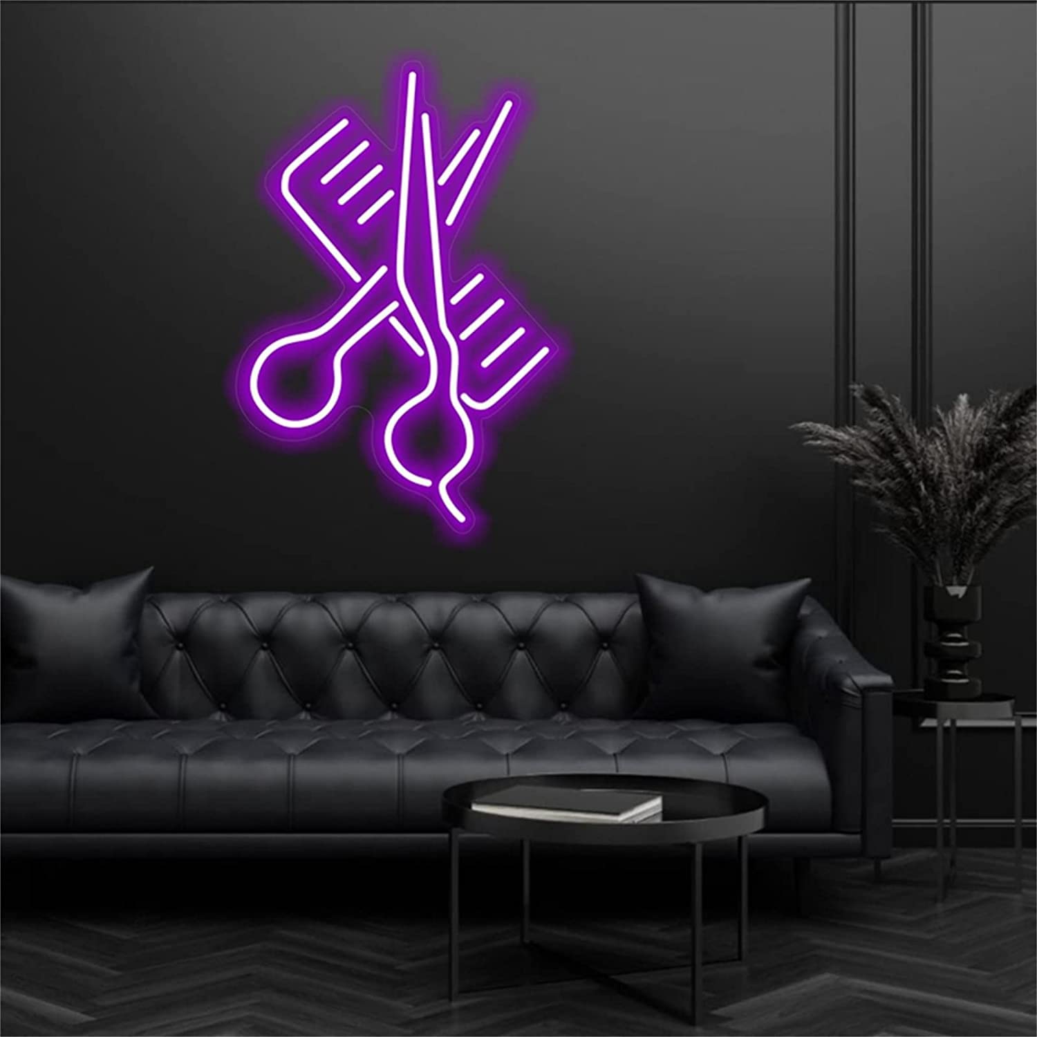 Letrero de neón para barbería y peluquería con luz de noche LED morada de colgar 50X34cm