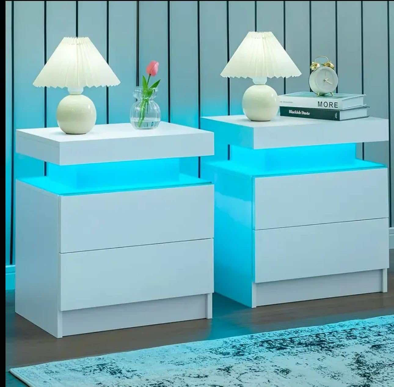 Table de chevet LED blanc brillant avec tiroirs de rangement et port USB de charge