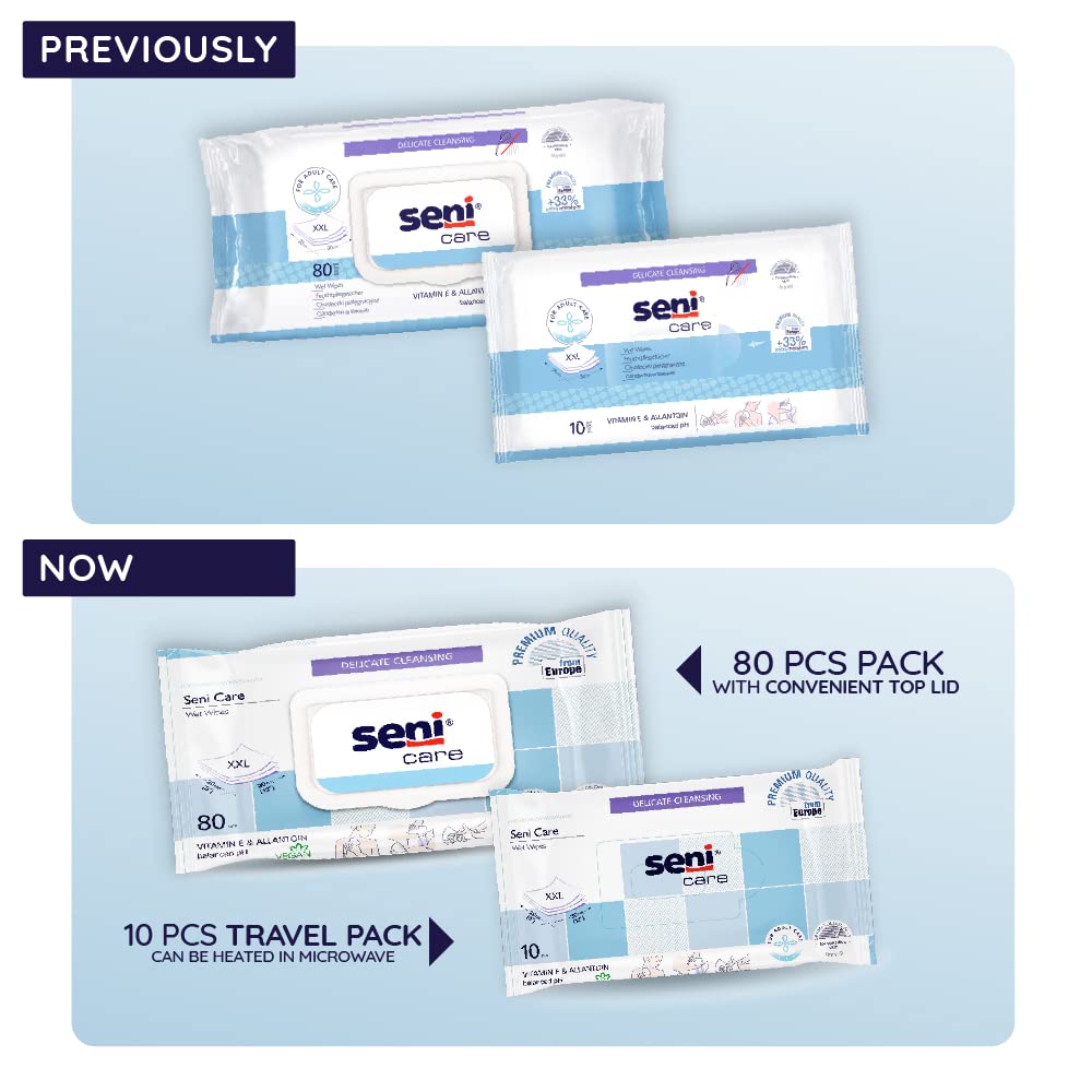 Seni Care wet wipes for Adults | for sensitive skin |with vitamin E and allantoin| nourishes skin | vegan | balanced PH | delicate |dermatologically tested | ready to use bath wipes | white | Size XXL | Pack of 4 | Total 320 Pcs - Image 2 thumbnail