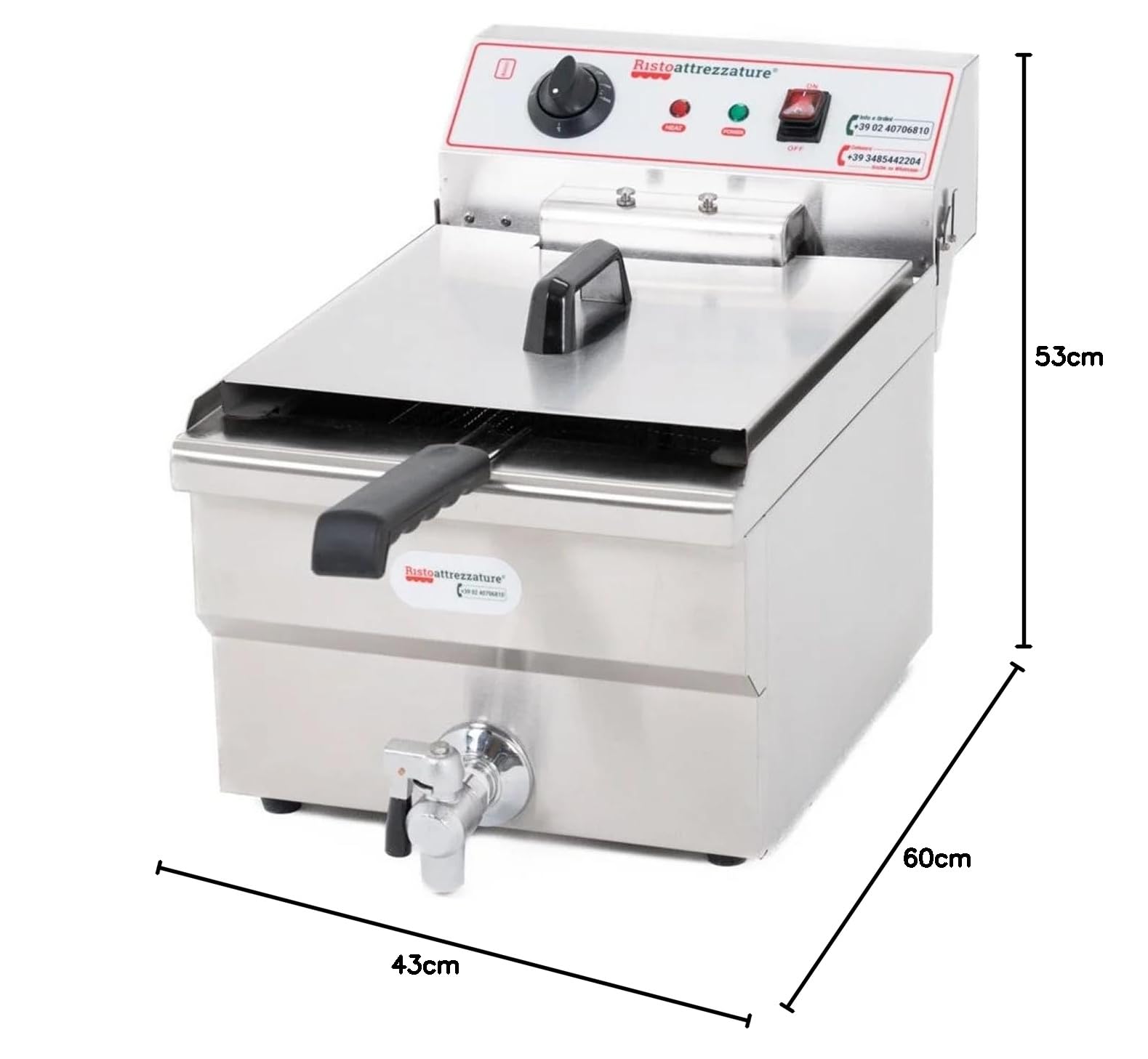 Friggitrice Elettrica Professionale - Singola Vasca - Con Rubinetto di Scarico - 16 Litri, Capacità Olio 12 Litri
