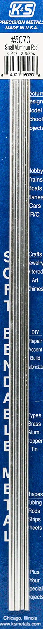 K&S Precision Metals 5070 Bendable Aluminum Rod, 3/32" & 1/8" X 12" Long, 4 pieces per pack, Made in the USA