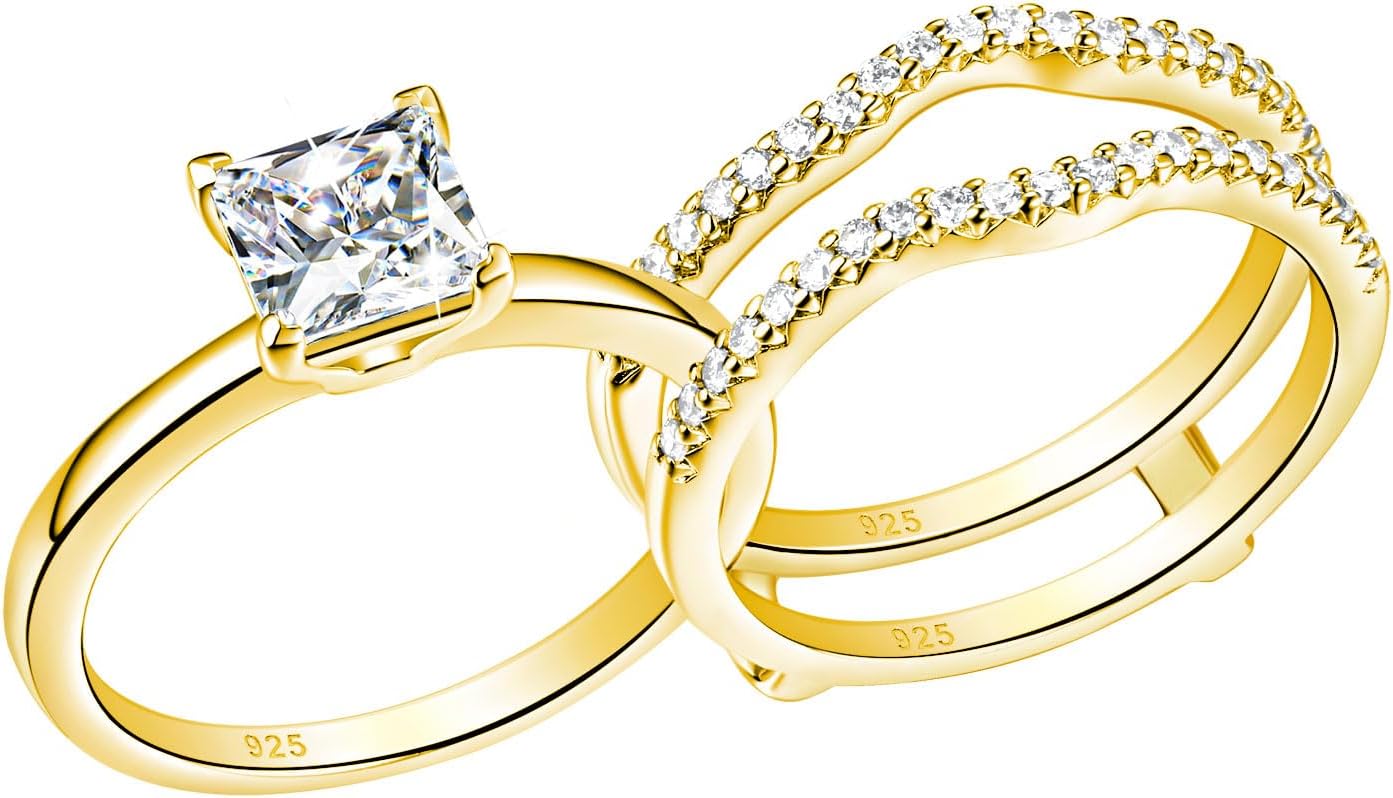 SHELOVES Solitaire Princess CZ Engagement Rings Set for Women Wedding Rings Enhancers band 925 Sterling Silver 4-13