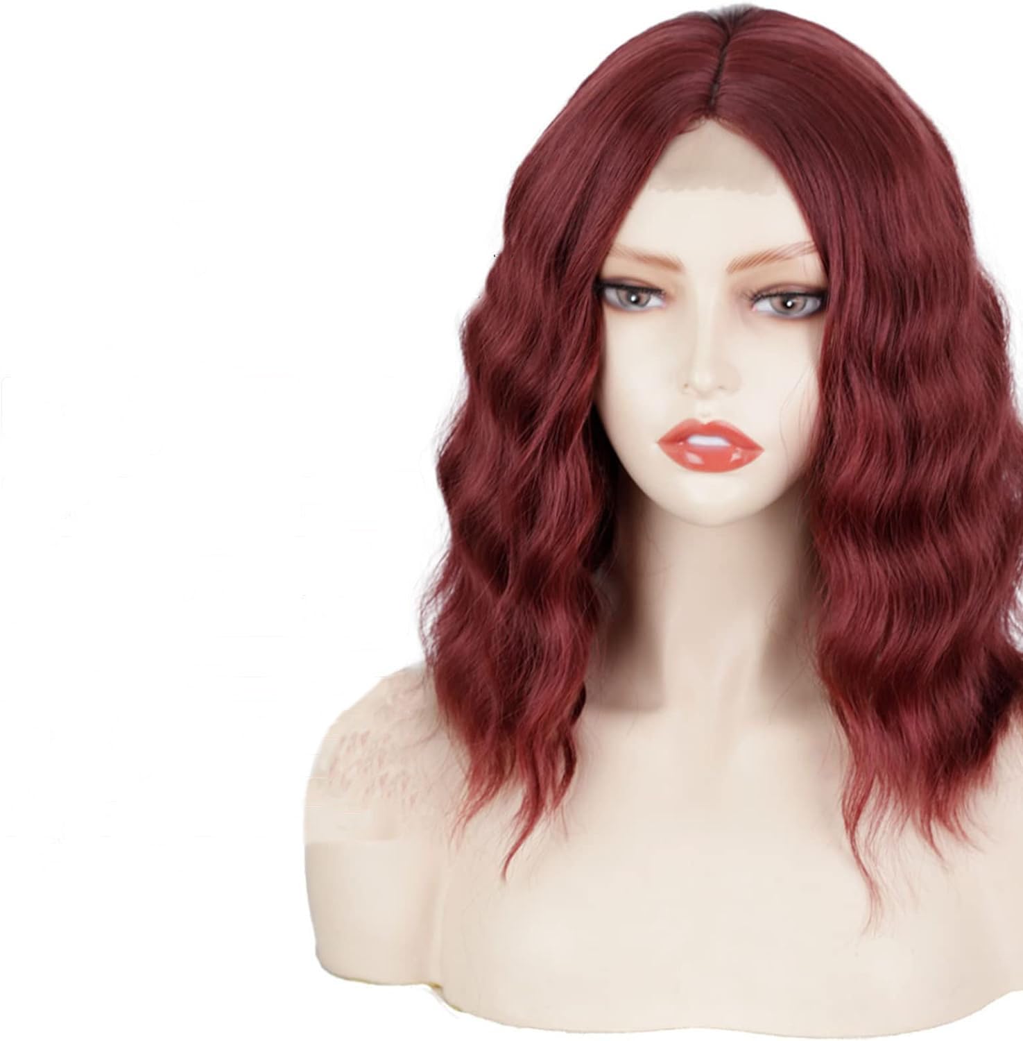 14 inch Hand-Tied Hairline Short Red Wig Shoulder Length Wigs for Women Middle Part Wavy Bob Wig for Daily