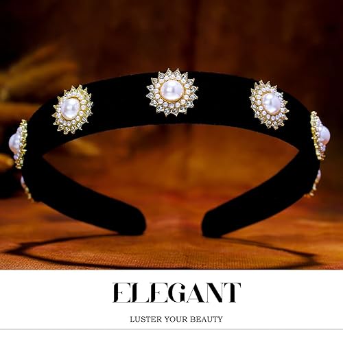Miniatura 2 de Coridy Diadema barroca negra con diamantes de imitación, diadema con cuentas para el cabello, hecha a mano, de terciopelo, banda ancha para la