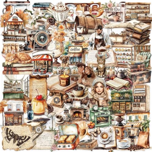 Image of 50PCS Retro Coffee Stickers for Scrapbooking Journaling Junk Journal Scrapbook Supplies - Waterproof Transparent PET Aesthetic Decals for Resin Crafts Decorative Art Crafts (Retro-3A)