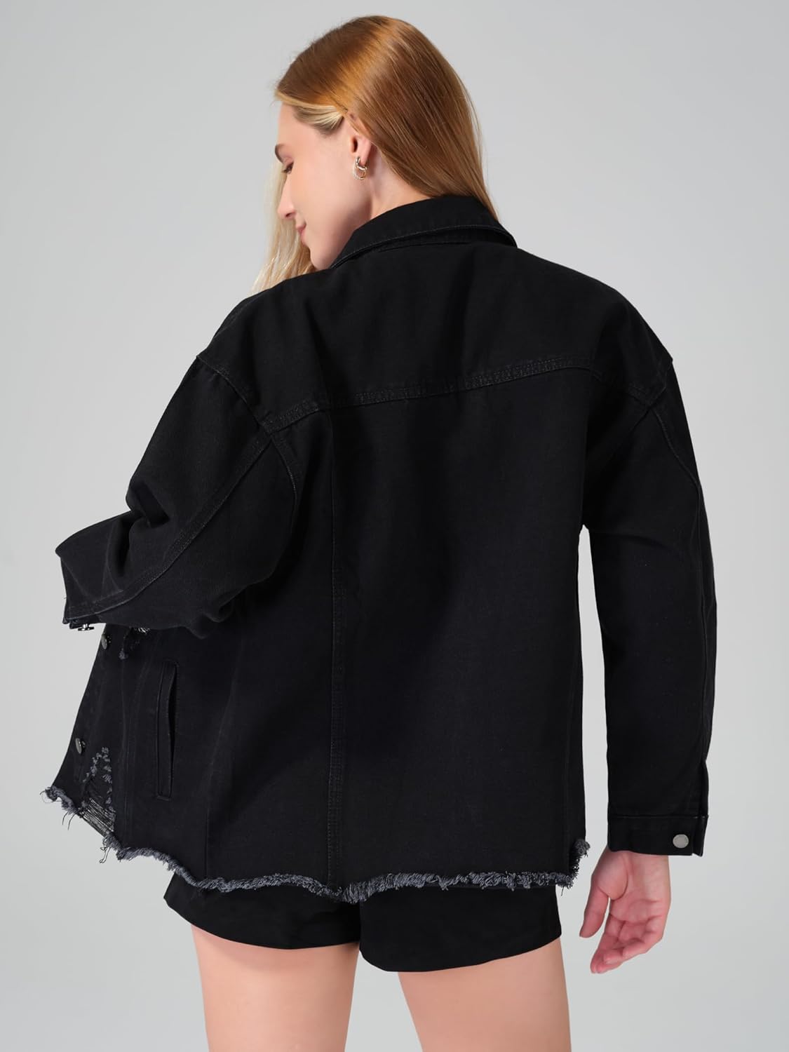 roswear Women's Denim Jacket Oversized Long Sleeve Shacket Shirts Distressed Jean Jackets Fall Outfits - Image 3