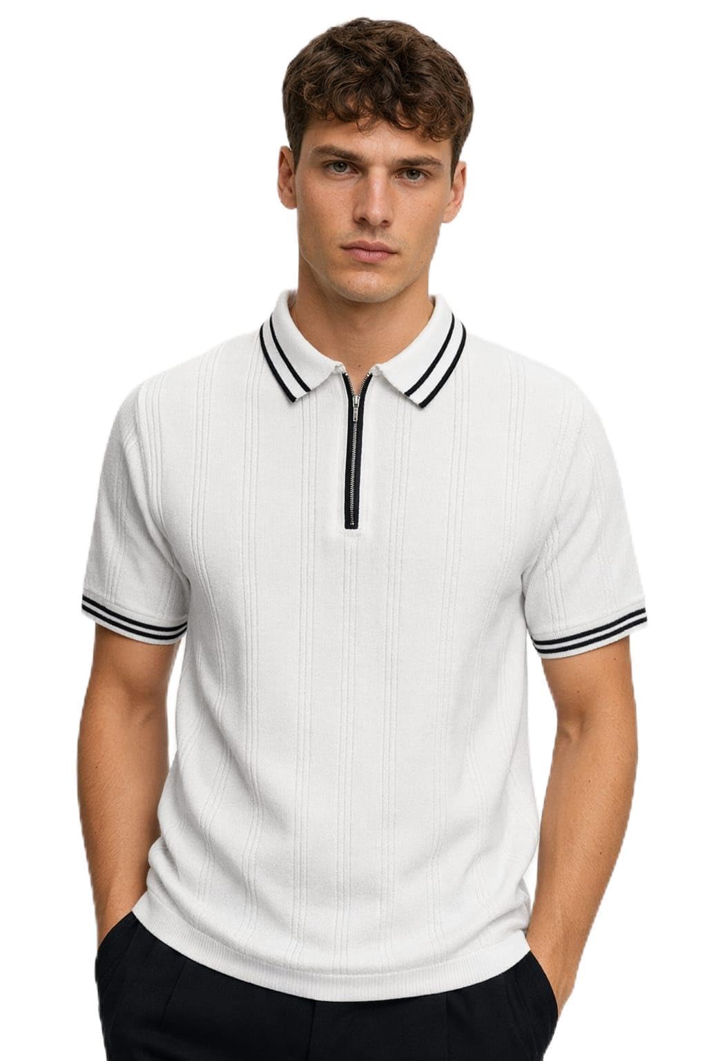 Eonix Mens Regular Fit Zip Polo Tshirt Cotton Short Sleeve Ribbed Knit with Contrast Stripe Tipping-picture-35