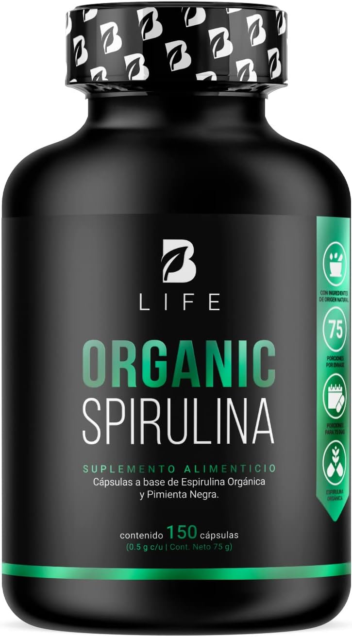 Espirulina Orgánica de 150 Cápsulas 500 mg. Ingredientes naturales