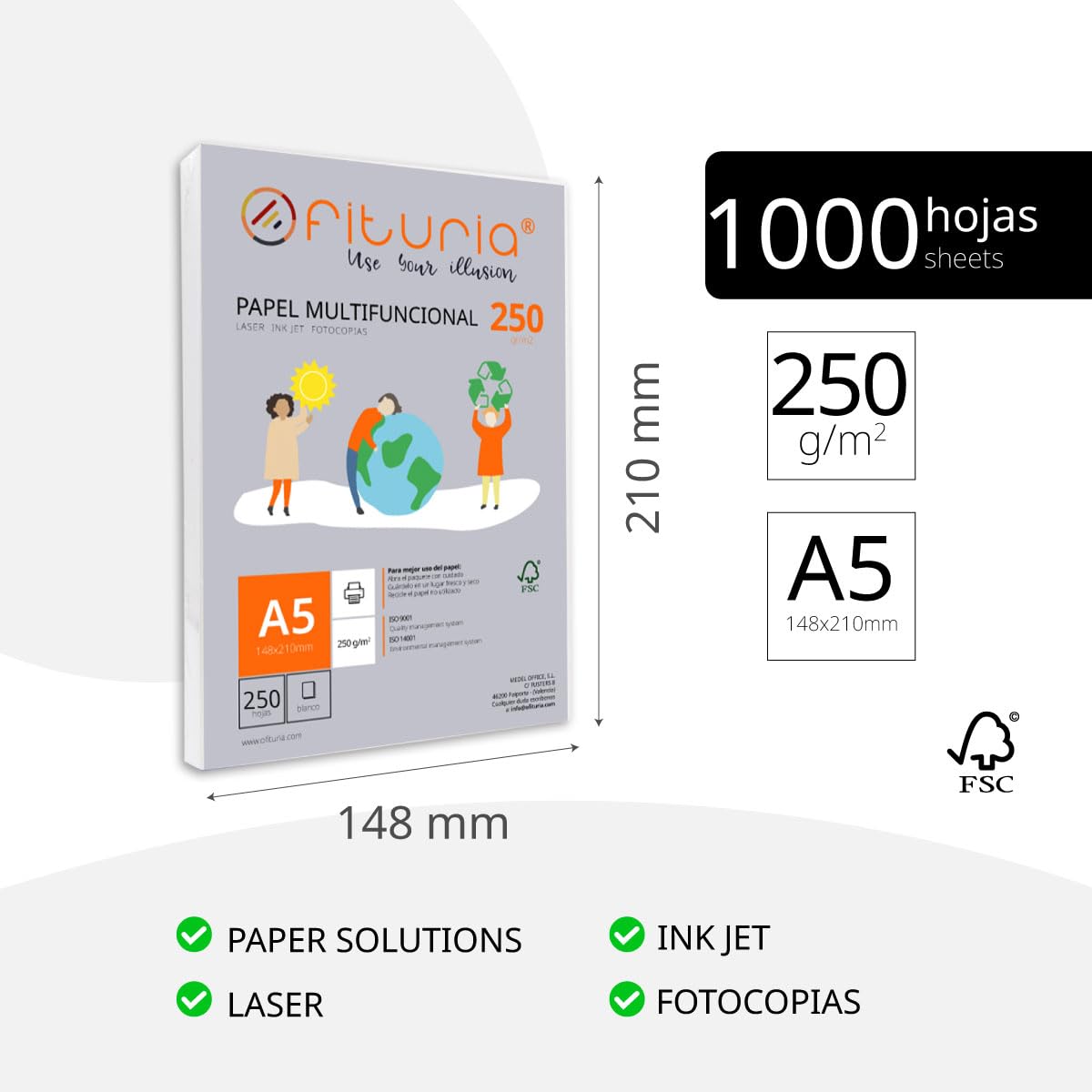 Ofituria, Confezione Foglio A5 250gr 1000 Fogli Bianchi Carta Multifunzione | Ideale per Uso Scolastico e Ambienti di Lavoro. Stampanti laser, a getto d'inchiostro o fotocopiatrici