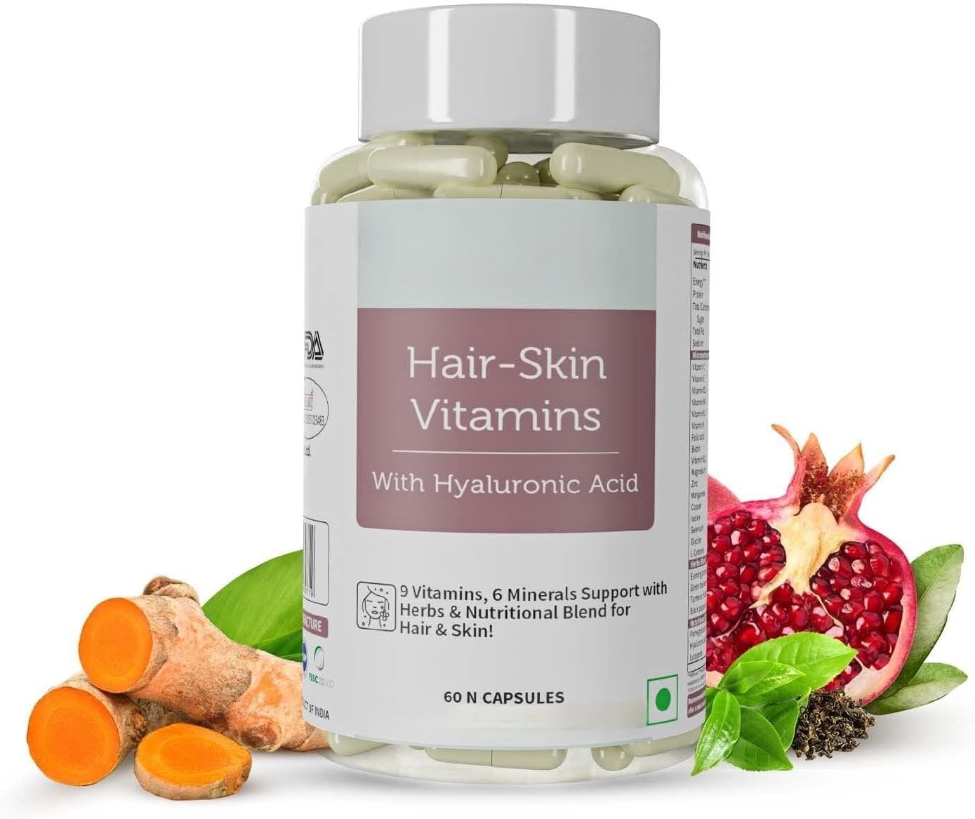 Generic Hair Skin Vitamins Supplement with Hyaluronic Acid, Biotin, Keratin Booster for Hair Growth, Turmeric, Primrose Oil & Collagen Supporter- 60 Capsules for Men and Women