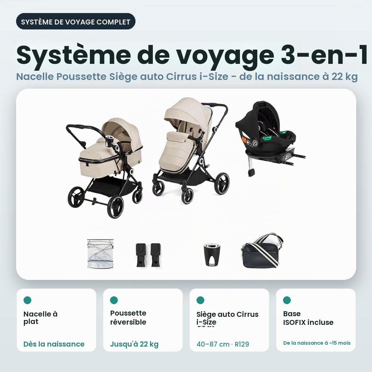 Poussette 3 en 1 i-Size Ickle Bubba Atom – Système de Voyage Complet avec Siège Auto Cirrus + Base ISOFIX – Landau Compact et Léger, Convient de la Naissance à 22 kg (Pierre)