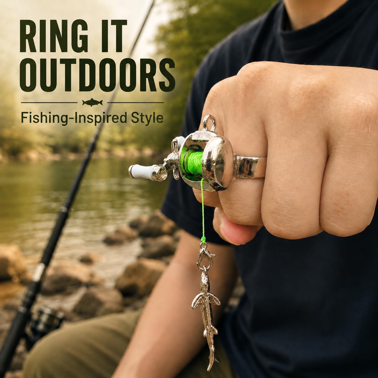 Fishing Reel Necklace for Men, 2 in 1 Pendant & Adjustable Ring Set | Fishing-Themed Jewelry, Gift Box Included, Unique Gift for Fishing Lovers