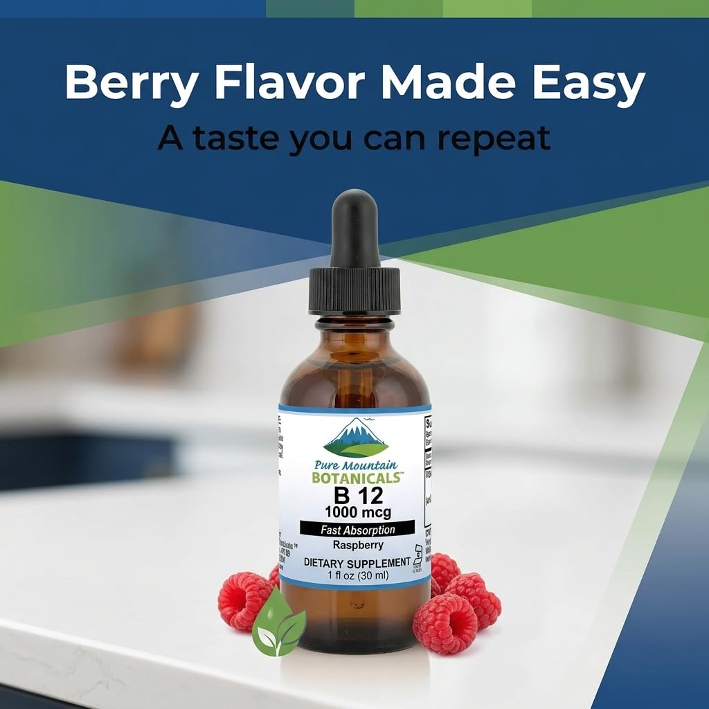 Pure Mountain Botanicals Liquid B12 Drops 1000 mcg, Raspberry, 1 fl oz — Amazon image 5