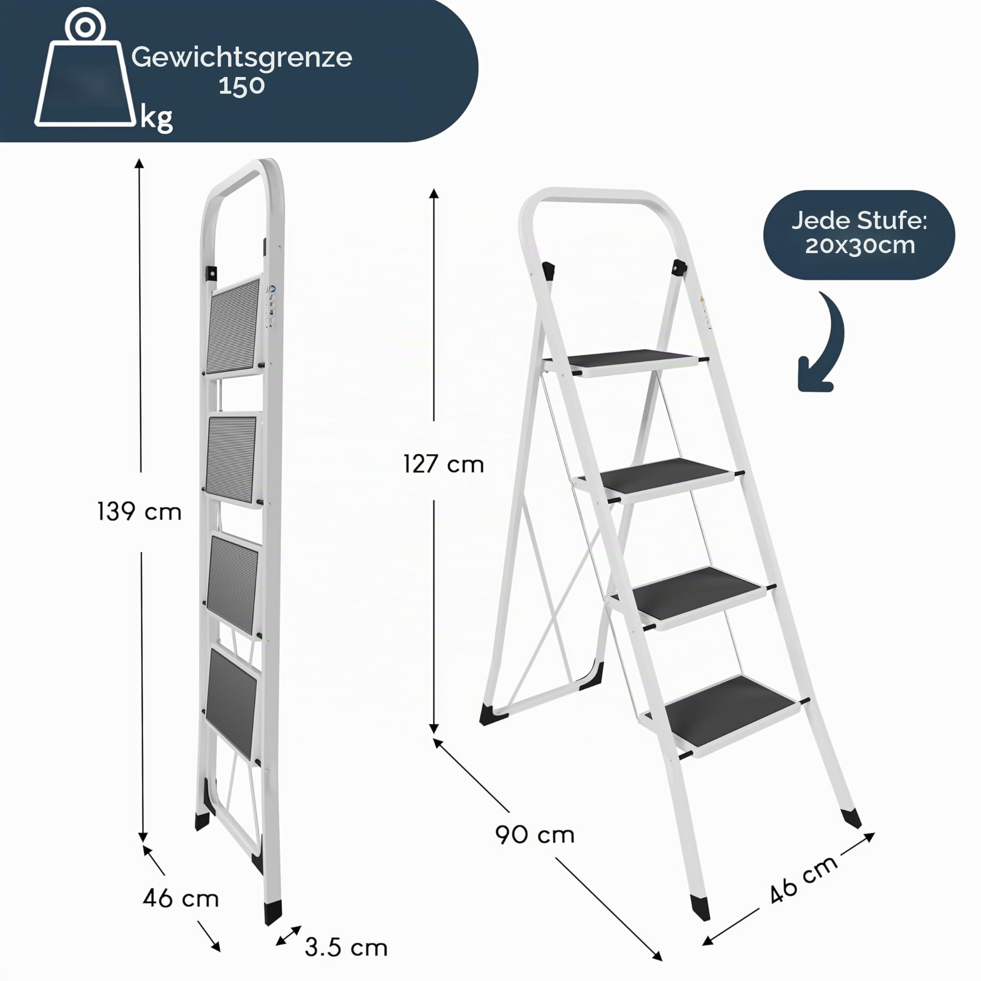Home Vida® 4 Schritt Leiter, Heavy Duty Stahl, faltbar, tragbar mit Antirutschmatte