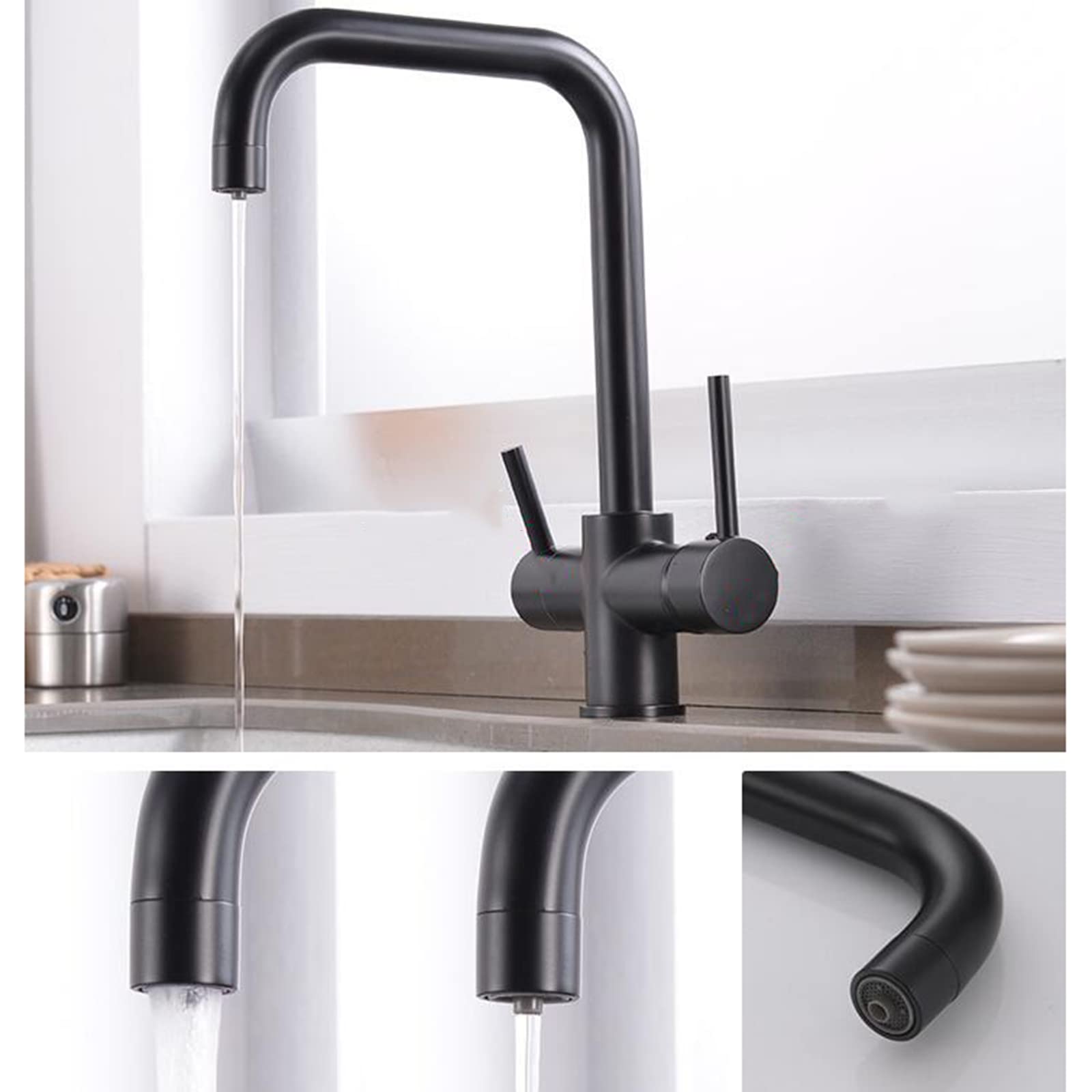Grifo Cocina 3 Vias Negro Grifo para Depuradora Latón Giratorio Multifuncional Grifo para Fregadero de Cocina C