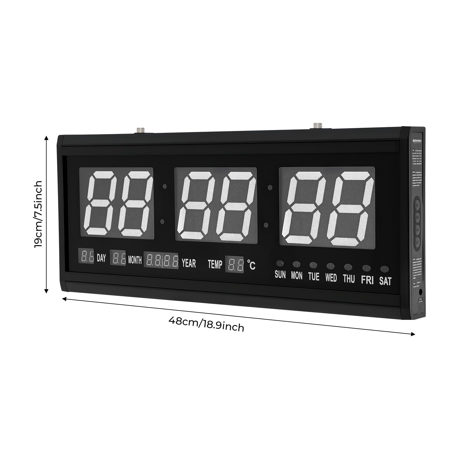 Zegar ścienny LED, 48 cm, z temperaturą, datą i dniem tygodnia, cyfrowy zegar bezgłośny (48 x 19 cm), zielone świecące cyfry, automatyczne ściemnianie, aluminium i szkło – do salonu, kuchni