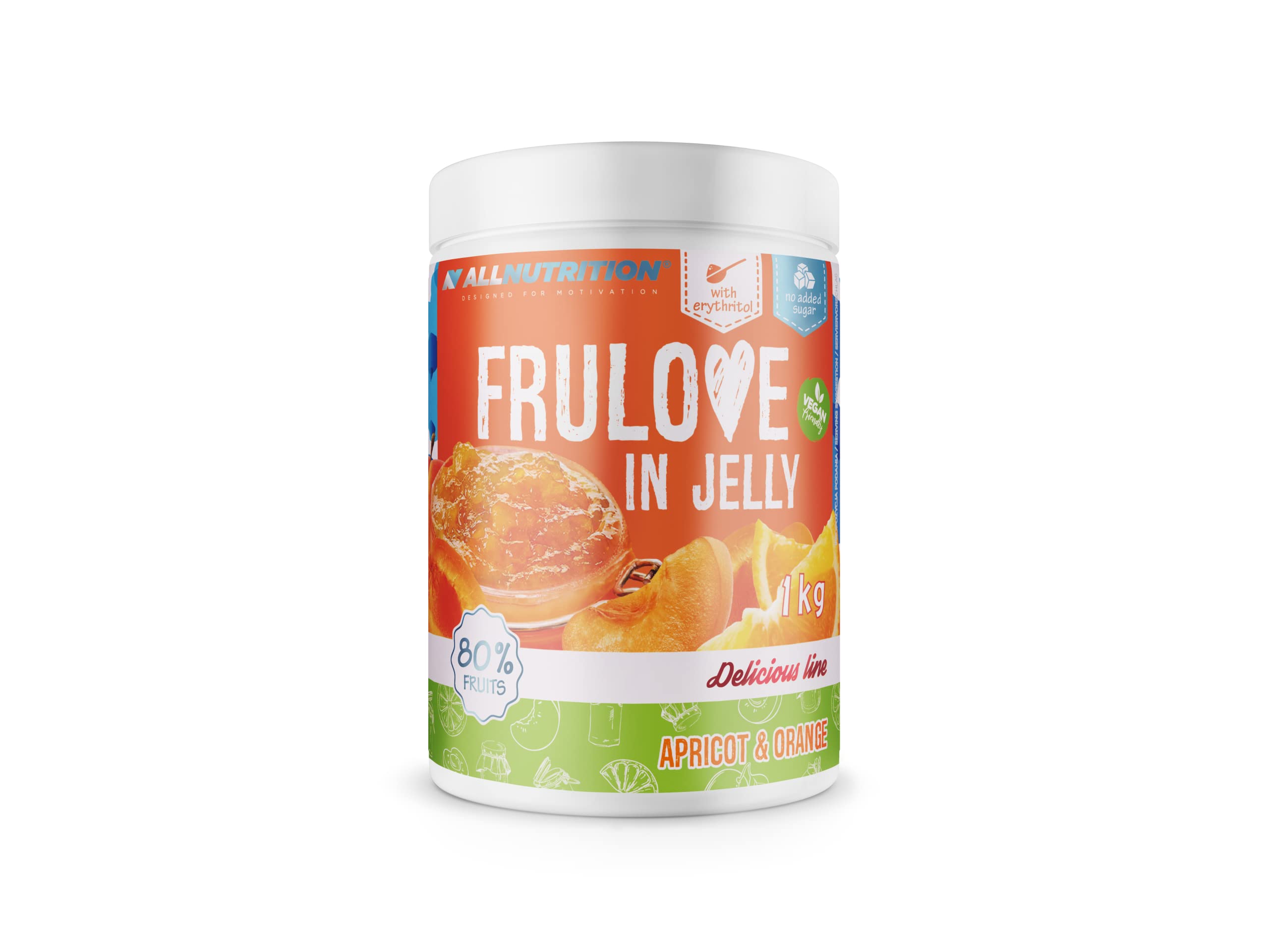 ALLNUTRITION Frulove In Jelly Apricot & Orange - Zuckerfreie Marmelade - Marmelade ohne Zucker - 80% Jelly Fruit Kalorienarme Süßigkeiten - Fruchtaufstrich ohne Zucker - Brotaufstrich Vegan - 1000g