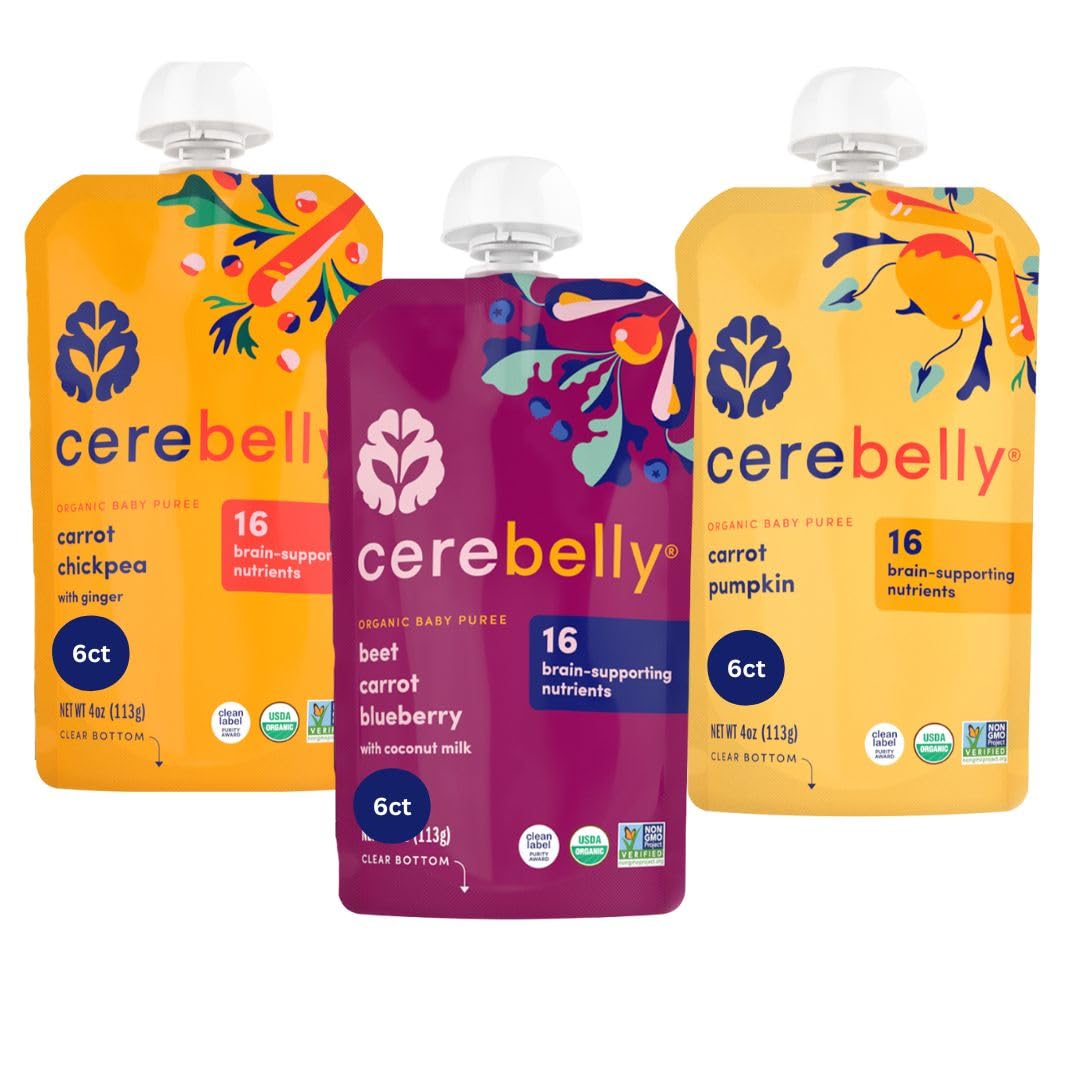 Cerebelly Organic Baby Food Pouches, Veggie Purees for Toddlers, No Added Sugar, Fiber, Non-GMO, 4 Ounce BPA-Free Pouch, Carrots and Veggies, 18 Count - Image 1 of 9