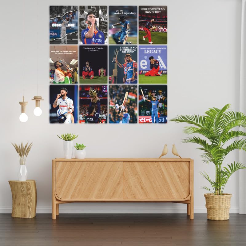 Image of POSTERONN Virat Kohli Wall Posters Set of 12, 8x12 Inch HD Matte Prints on 300 GSM Paper | Motivational Quote Posters | Room Decor Wall Art | Glue Dots Included | Bedroom Living Room Display Set