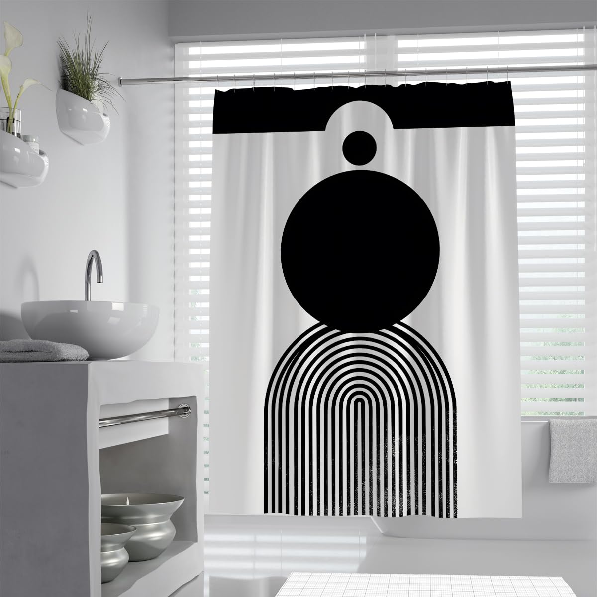 Uiringart Shower Curtains Black White Geometric Arch Circles W180xl200cm Abstract Minimalist Anti Mould Waterproof Bathroom Shower Screen With Hook