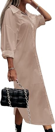 Womens Casual Long Sleeve Button Down Dress Loose Fit Maxi Shirt Dress Basic Baggy Dresses