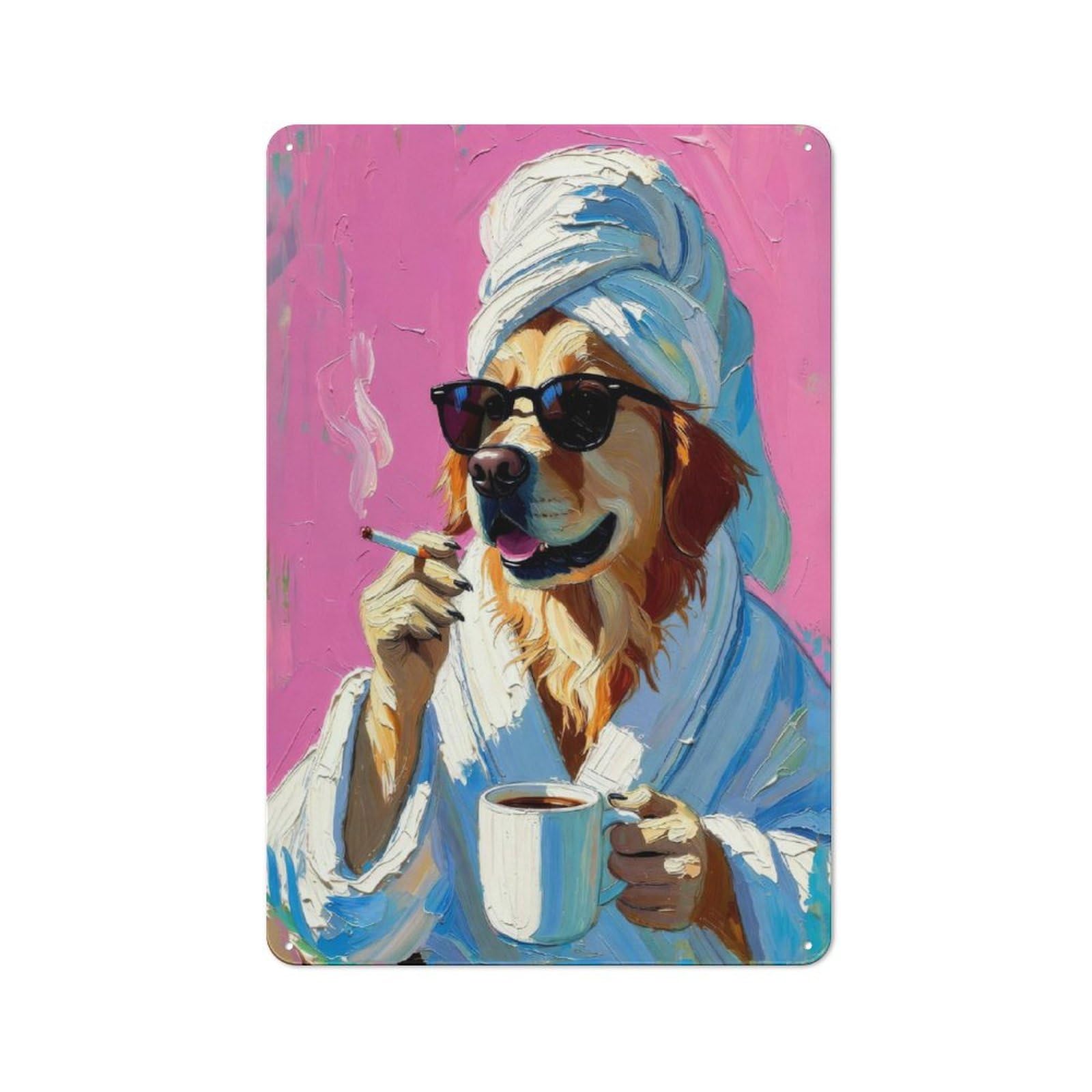 Junmoney Style-2 Loft Style Metal Wall Art Sign 30X20cm Featuring Glamorous Golden Retriever In Bathrobe Impasto Oil Painting Art, Urban Room Decor For Loft, Studio, Office Or Creative Room