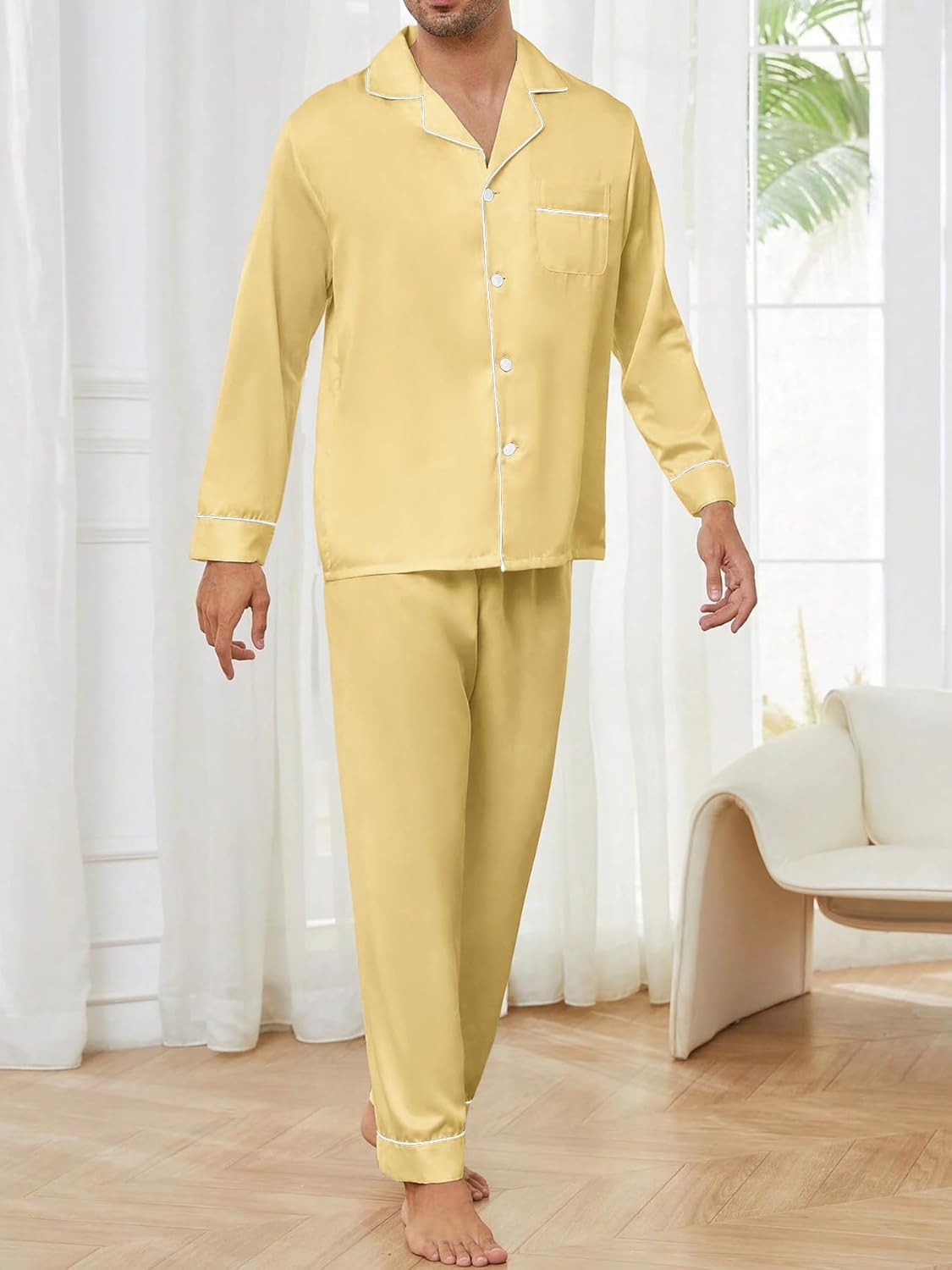 Mens Cotton Pajama Set, Soft Long Sleeve Pajamas for men Lightweight Button Up Sleepwear Lounge Pjs Set - Image 5