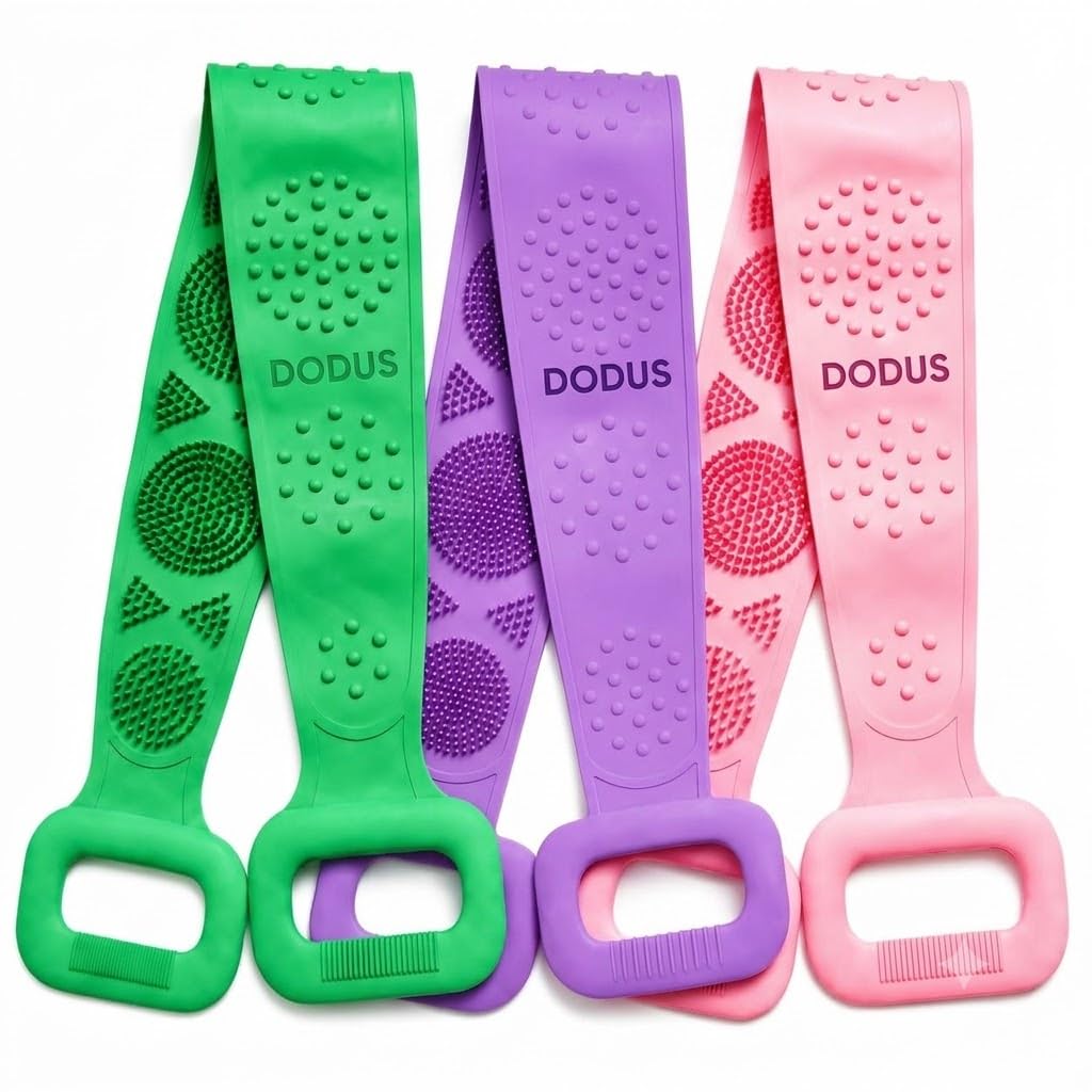 DODUS Silicone Back Scrubber for Bathing - Long Double Sided Exfoliating Bath Belt and Body Cleaning Brush for Men & Women, Stretchable Shower Strap (Pack of 3) Purple, Pink, Light Green-image-45