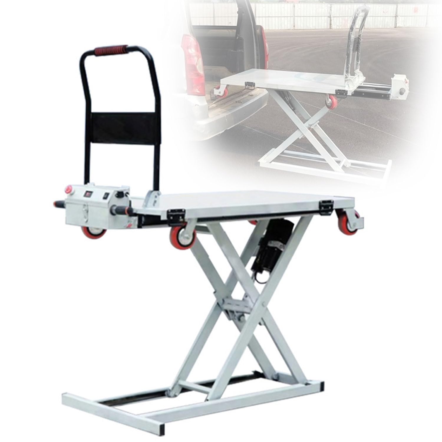 Carrello elevatore idraulico portatile, larghezza 70 cm, capacità di carico 300 kg, altezza di sollevamento 98 cm, 4 ruote, ideale per magazzino e logistica