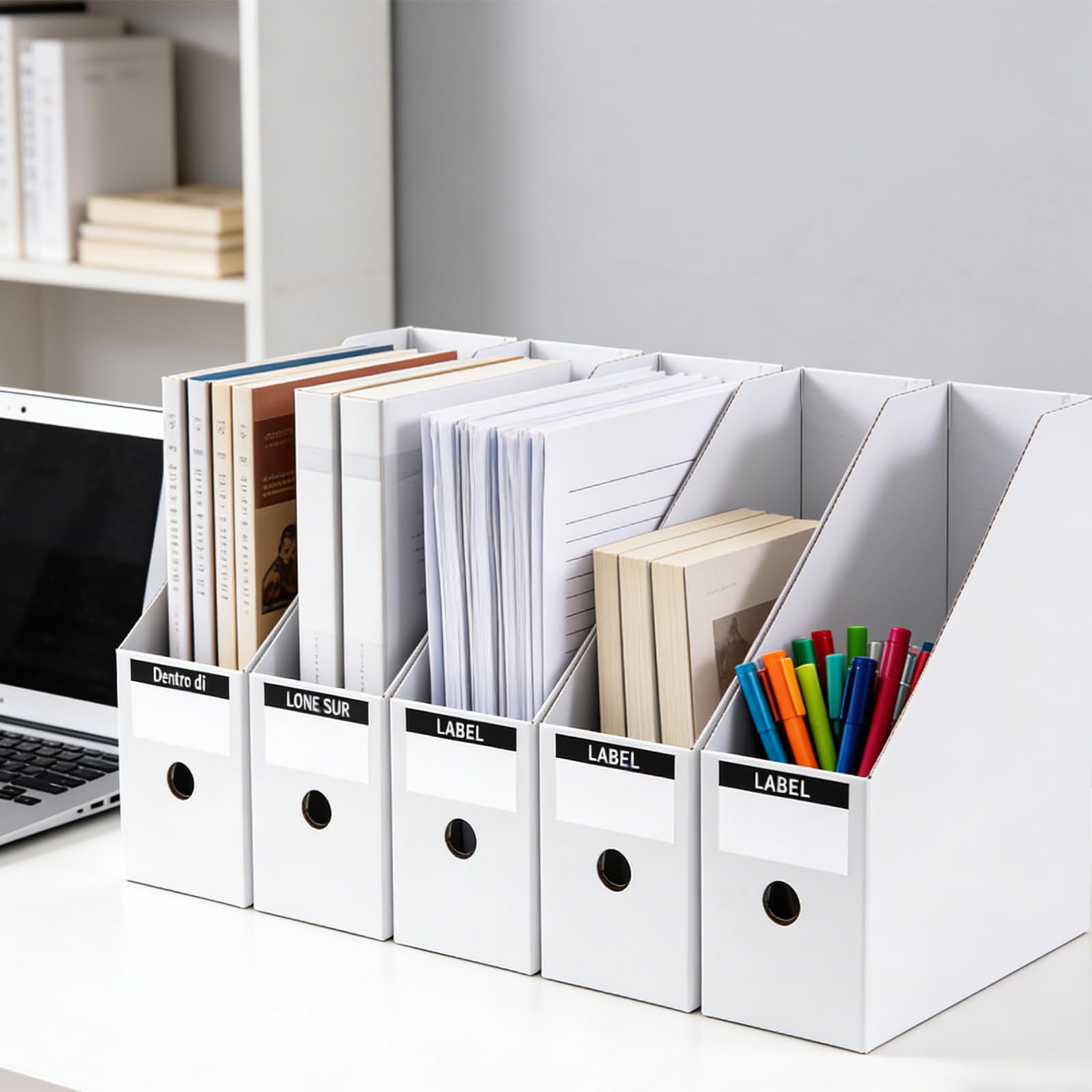 12 Stück Stehsammler A4 Zeitschriftensammler Pappe 26 x 9 x 27 cm Ordner Organizer mit Beschriftungsetikett für Datei, Schreibwaren, Bürobedarf, einfache Lagerung (weiß)