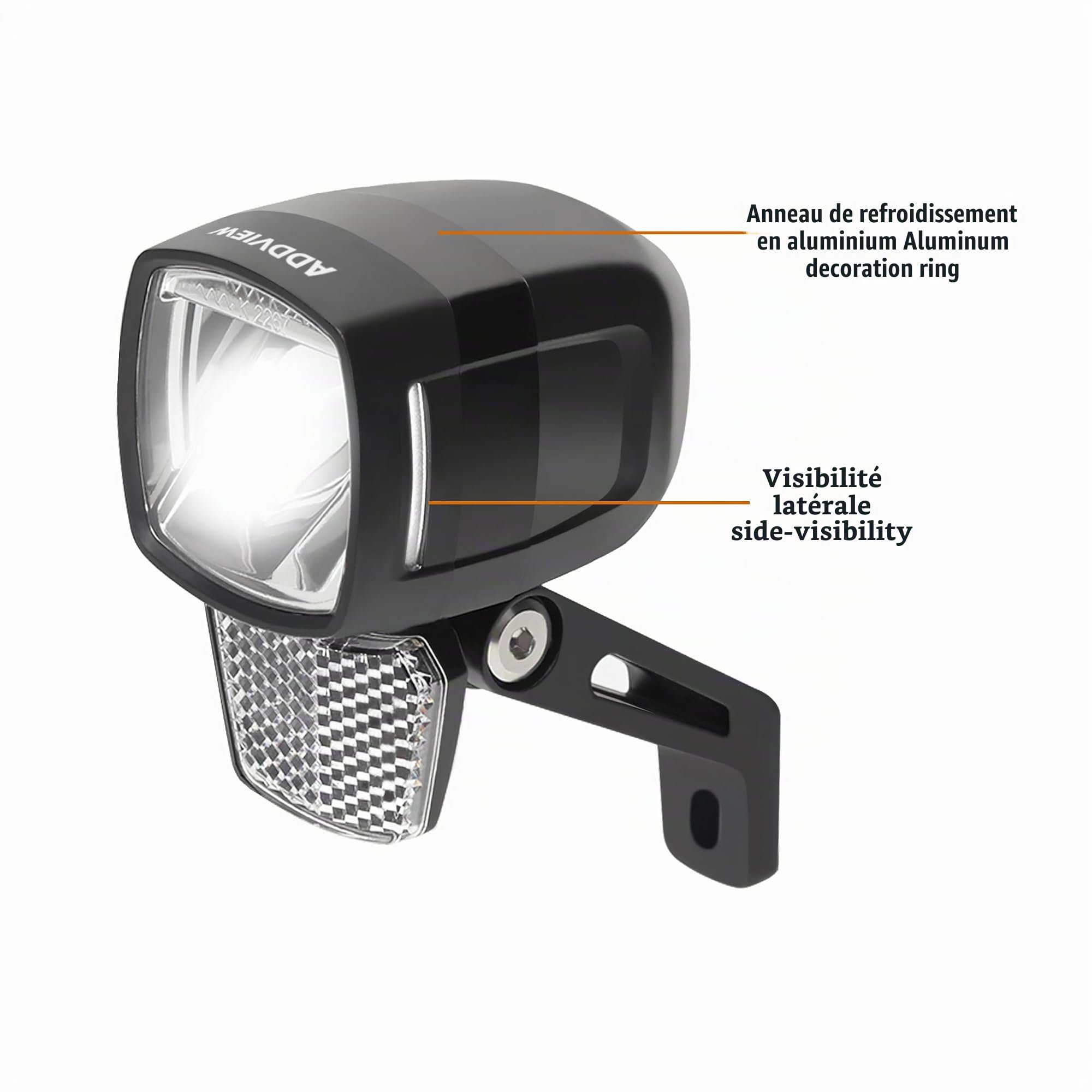 ADDVIEW E120 Feu avant pour vélo électrique Marteau E120 – Lampe de vélo LED homologuée StVZO & ECE en aluminium/ABS, étanche, DC 6–48 V, visibilité latérale, pour vélos électriques et pedelecs
