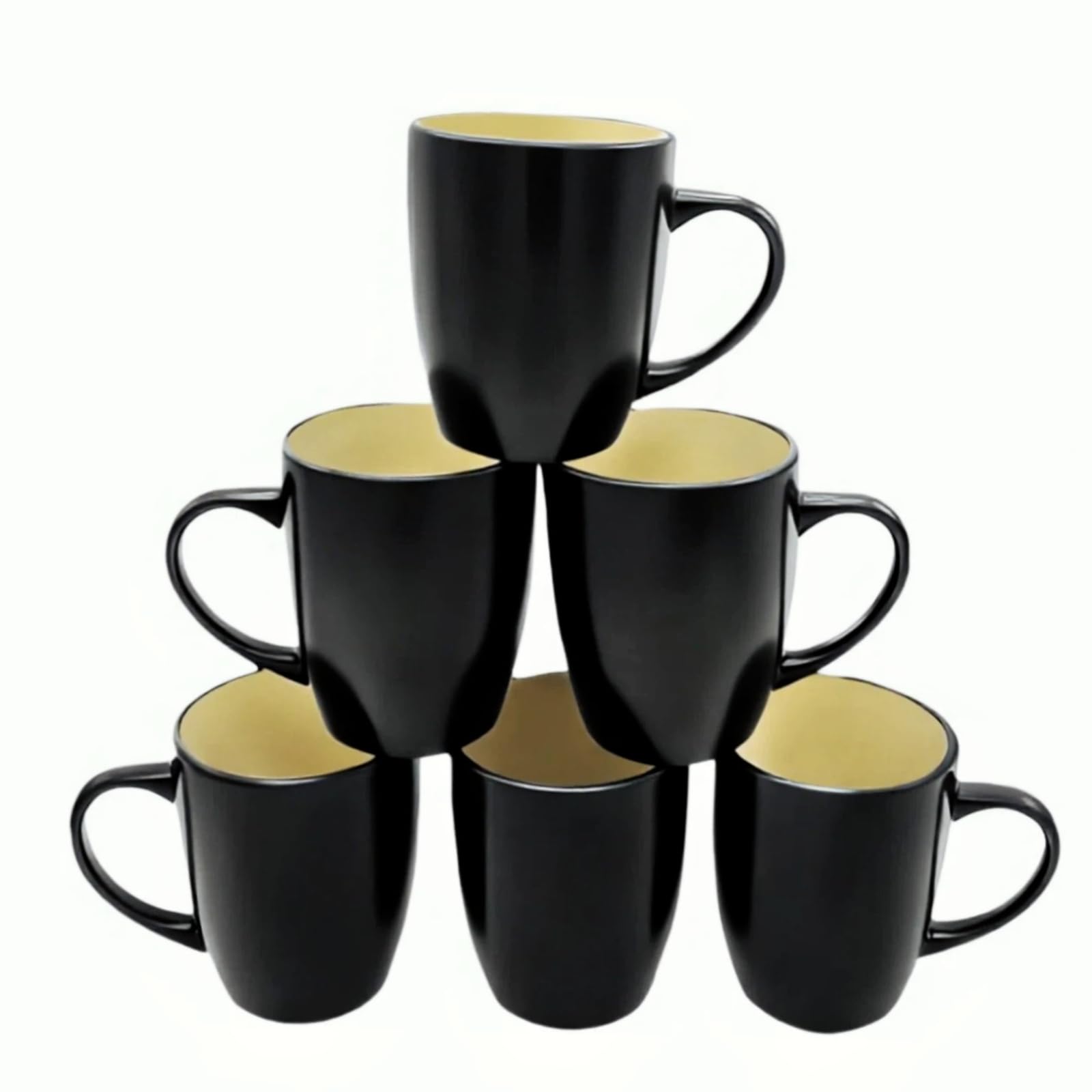 HOMD Coffee Cup Set 6-12oz Large Handle Ceramic Cup for Coffee, Soup, Tea, Milk, Latte, hot Cocoa, Ladies, Men-New Porcelain Mug Set. (Black Rice Color)