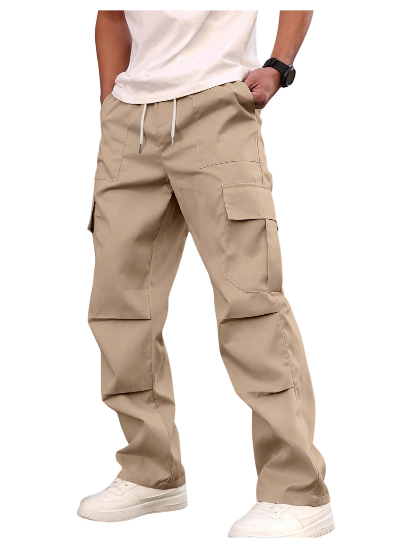 Mens Straight Leg Cargo Pants Drawstring Waist Outdoor Hiking Pants Trousers with Pockets