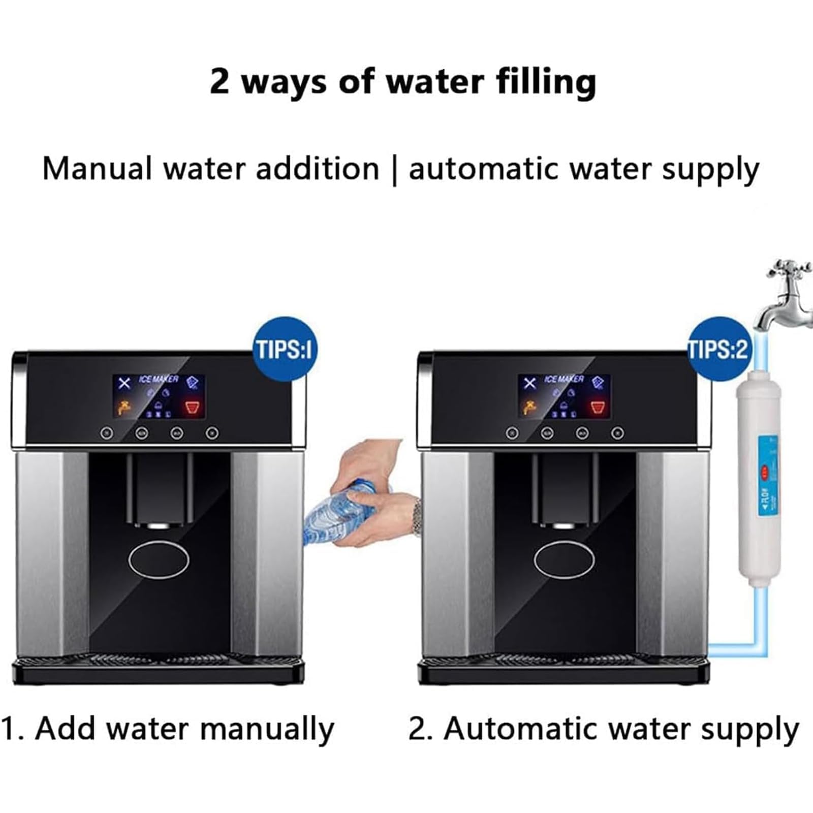 Máquina de Hielo y Dispensador de Agua 2 en 1 – 15kg/33lbs en 24h, 3 Tamaños de Cubitos, Doble Entrada de Agua, Pantalla LCD Autolimpiante, Máquina de Encimera para Hogar, Oficina, Bar