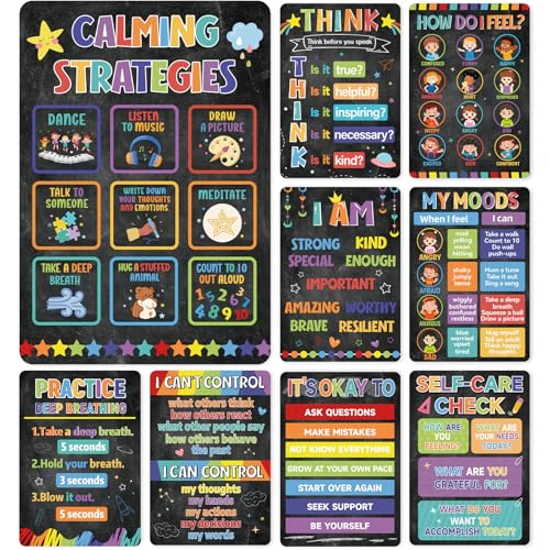 Image of 9Pcs Calming Corner Posters, 13.4 inchx9.2 inch Colorful Calm Down Corner Poster for Classroom Bulletin Boards, Educational Behavior Charts for Elementary Middle Back to School Wall Decorations Teacher Must Haves