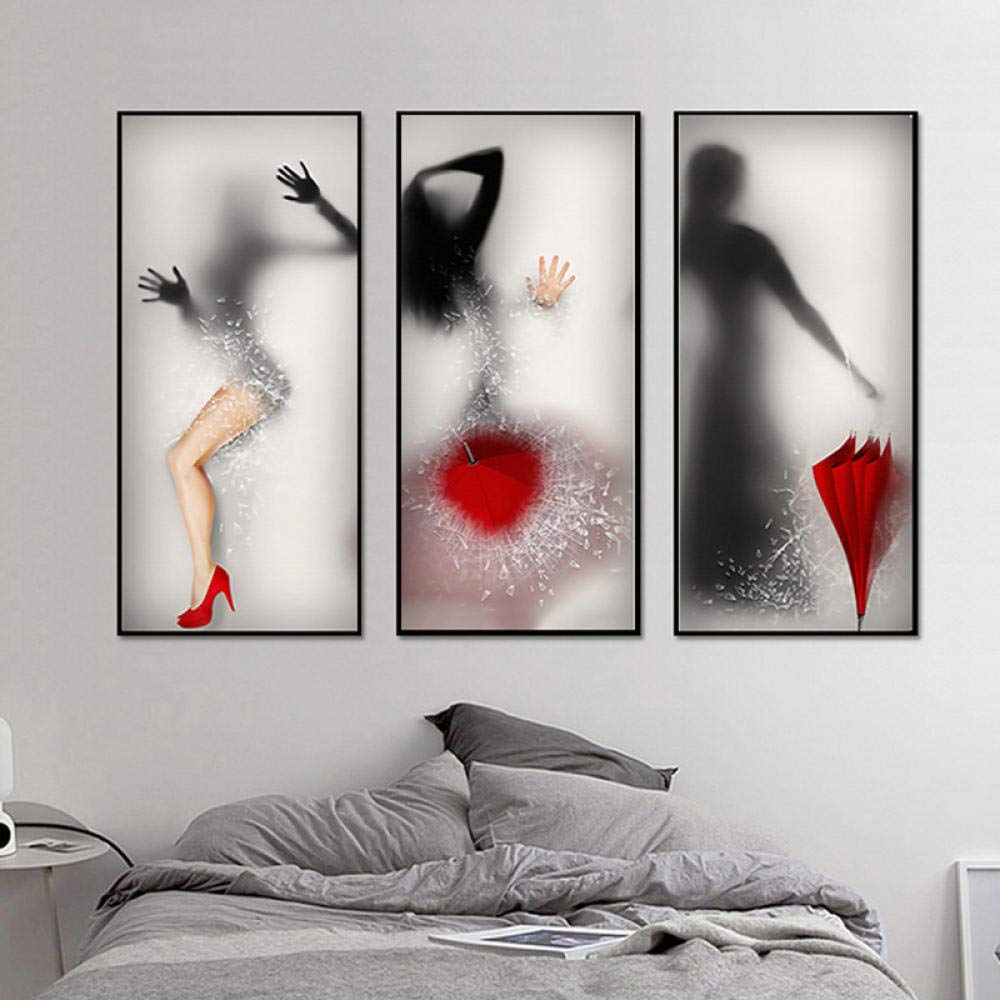 Sexy Girl With Red Umbrella Canvas Painting Figures Silhouette Poster Prints Nordic Creative Wall Art Picture Livin Room Home Decor 40×90cm×3 Frameless WBR-150-WKAQM